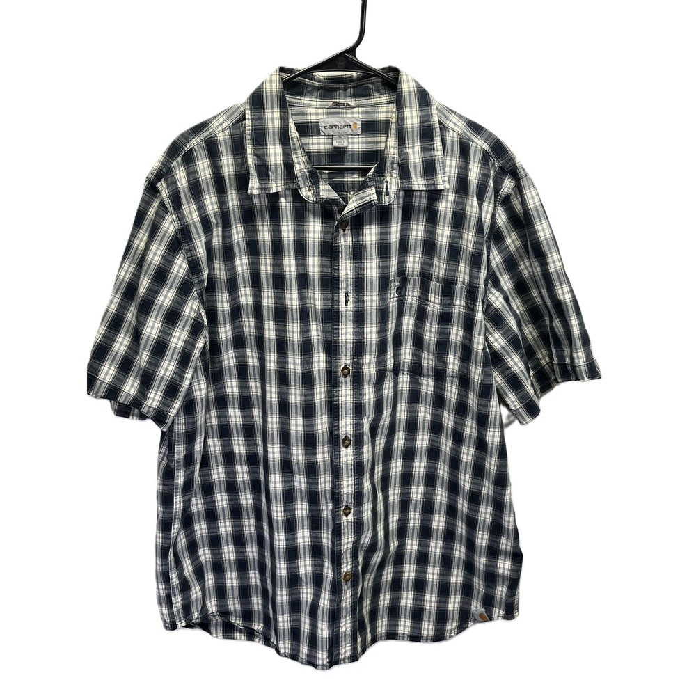 Carhartt Navy Blue White Men's‎ Plaid Button Down Short Sleeve Cotton Shirt XL